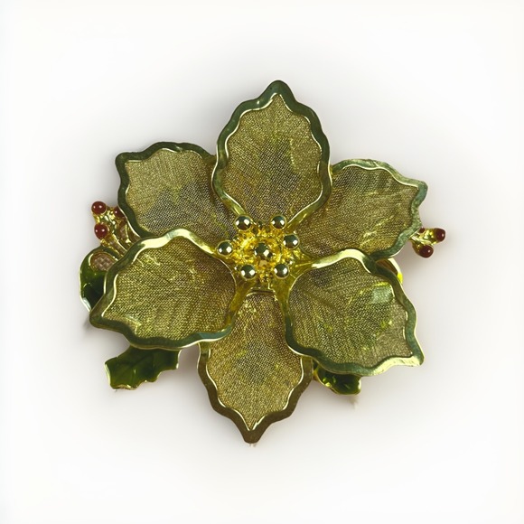 Kenneth Cole Jewelry - Kenneth Cole KC Gold Tone Mesh Poinsettia Brooch Christmas Holly Pine